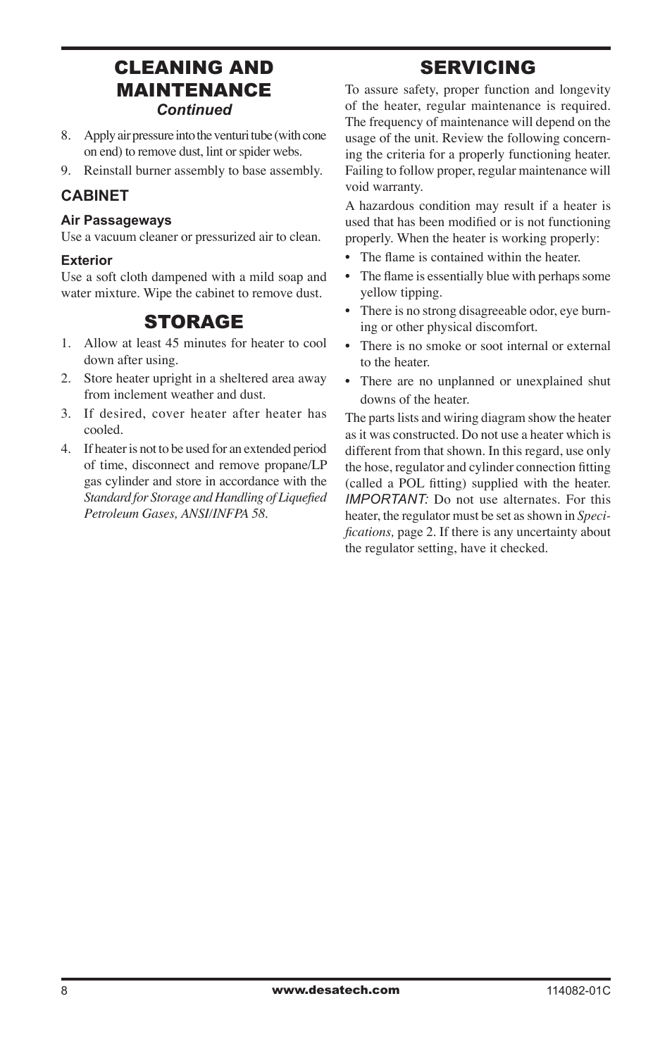 Storage, Servicing, Cleaning and maintenance | Desa SPC-21PHTSA User Manual | Page 8 / 44