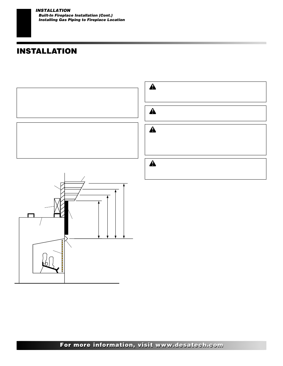 Installation, Continued, Installing gas piping to fireplace location | Desa LMFP33NR User Manual | Page 12 / 34