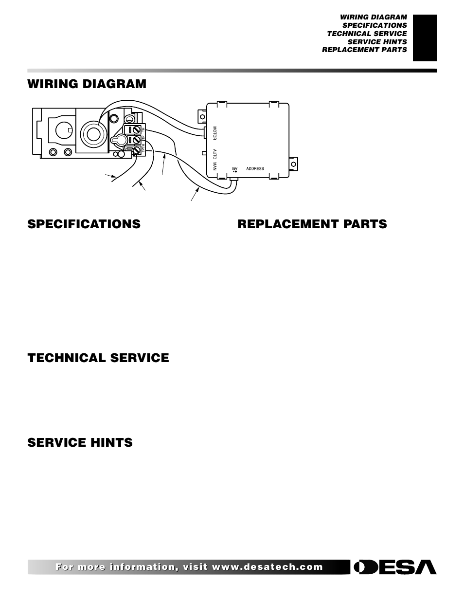 Specifications, Wiring diagram, Replacement parts | Service hints, Technical service | Desa LMFP33NR User Manual | Page 25 / 34