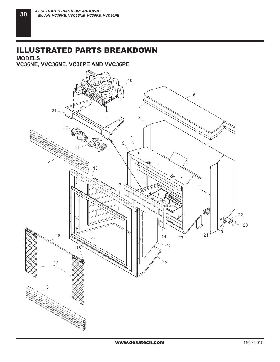 Illustrated parts breakdown and parts list, Illustrated parts breakdown | Desa (V)VC36NE User Manual | Page 30 / 38