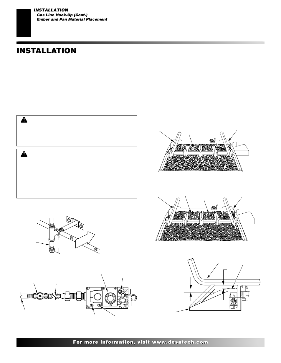 Installation, Continued, Ember and pan material placement | Desa P324 User Manual | Page 12 / 28