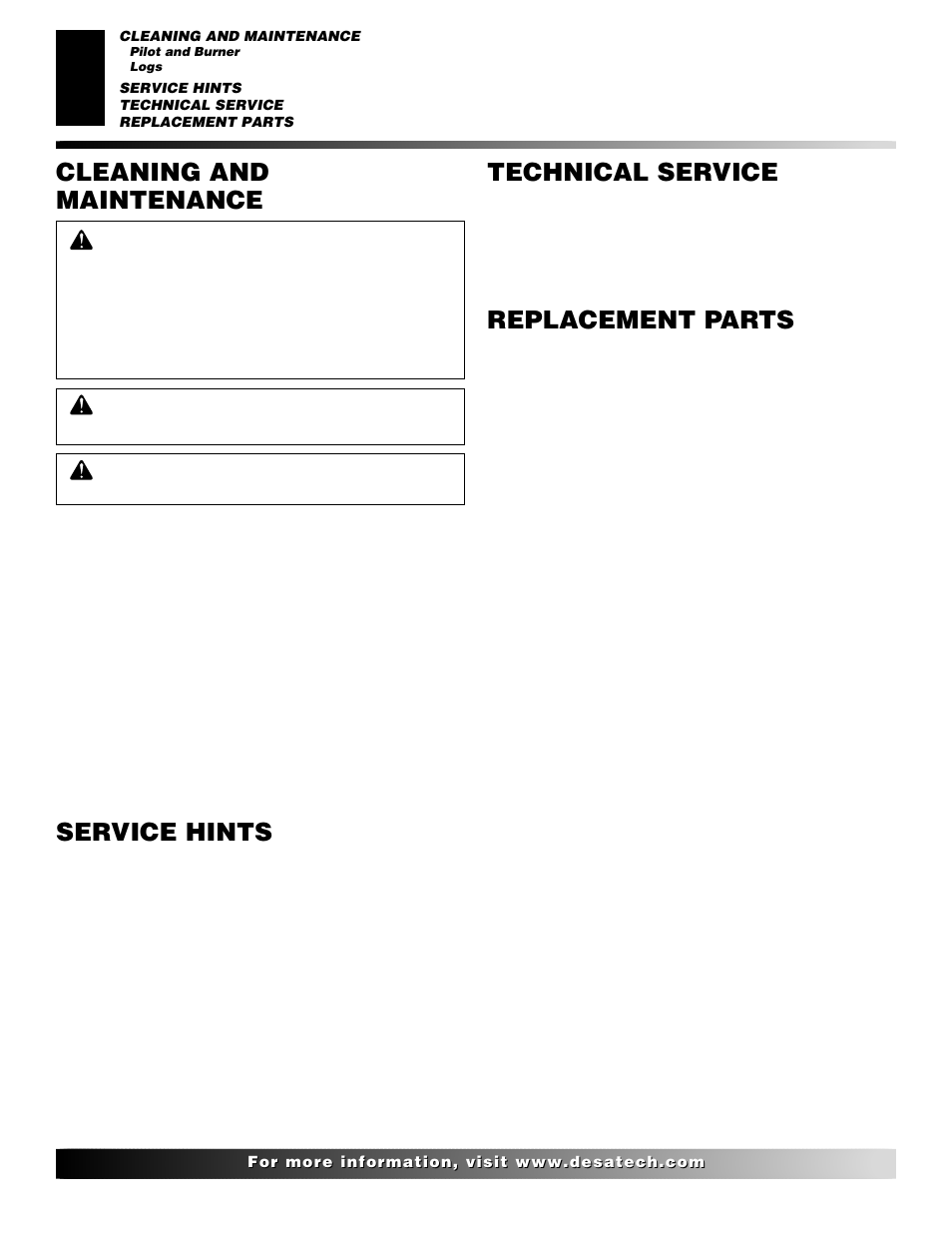 Cleaning and maintenance, Service hints, Technical service | Replacement parts | Desa P324 User Manual | Page 18 / 28