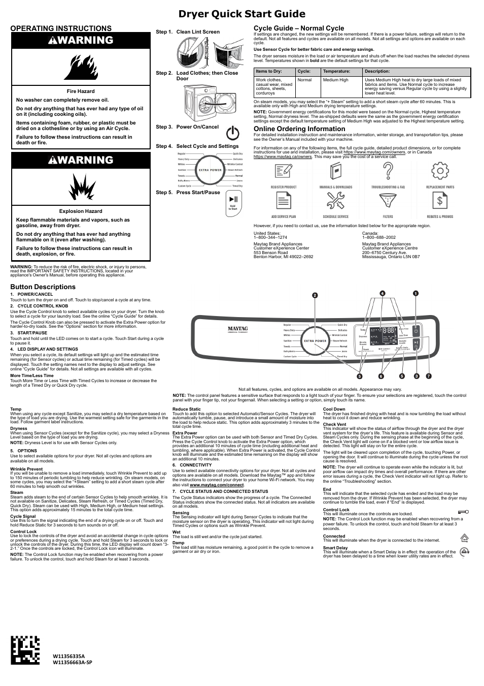 Maytag 27 Inch Gas Smart Dryer Quick Reference Sheet User Manual | 2 pages