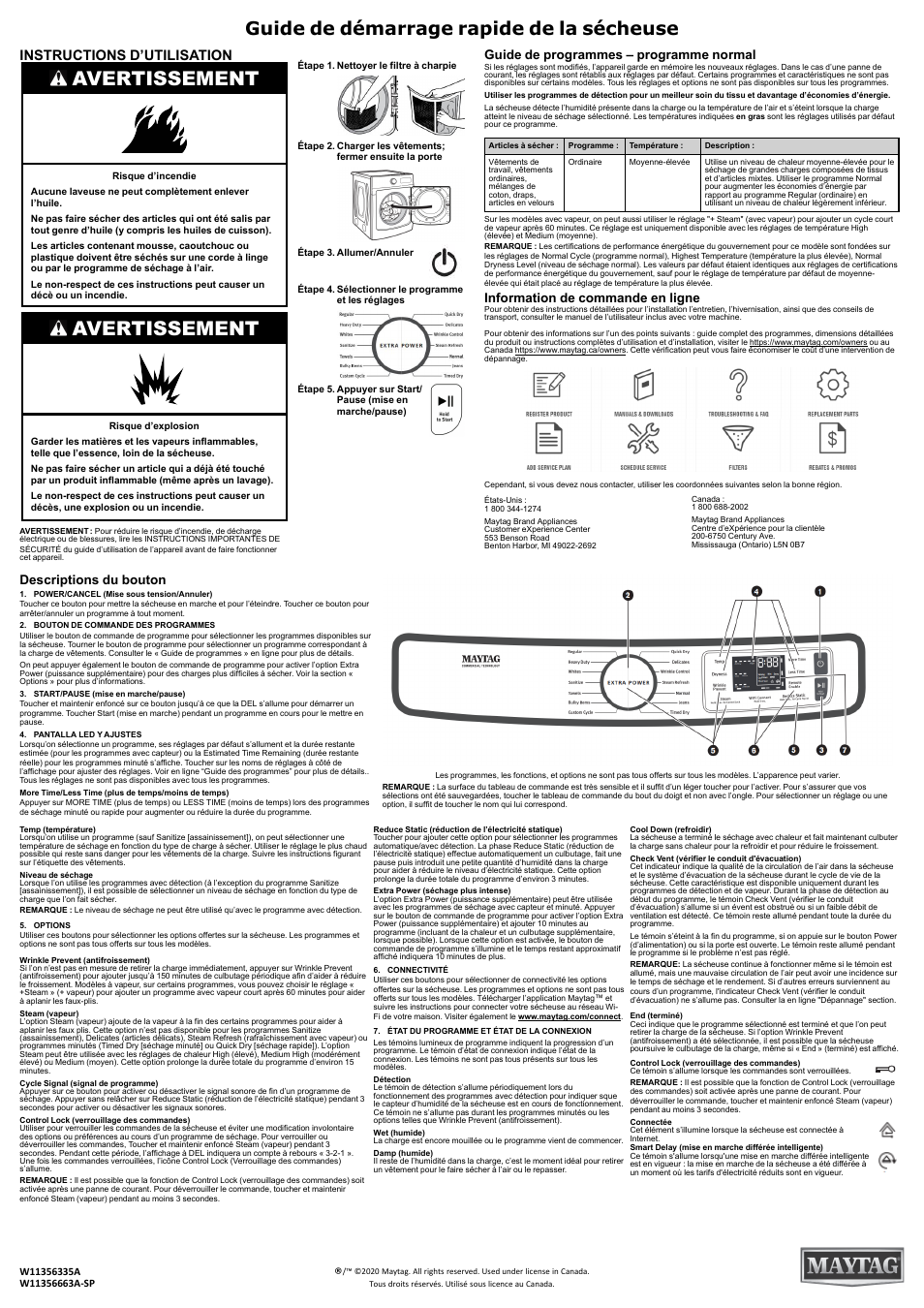 Guide de démarrage rapide de la sécheuse, Operating instructions_w11356335, Avertissement | Instructions d’utilisation, Guide de programmes – programme normal, Information de commande en ligne, Descriptions du bouton | Maytag 27 Inch Gas Smart Dryer Quick Reference Sheet User Manual | Page 2 / 2