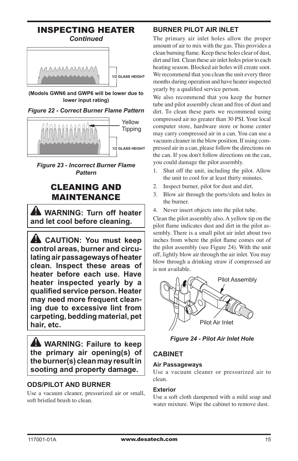 Cleaning and maintenance, Inspecting heater | Desa GWP6 User Manual | Page 15 / 28