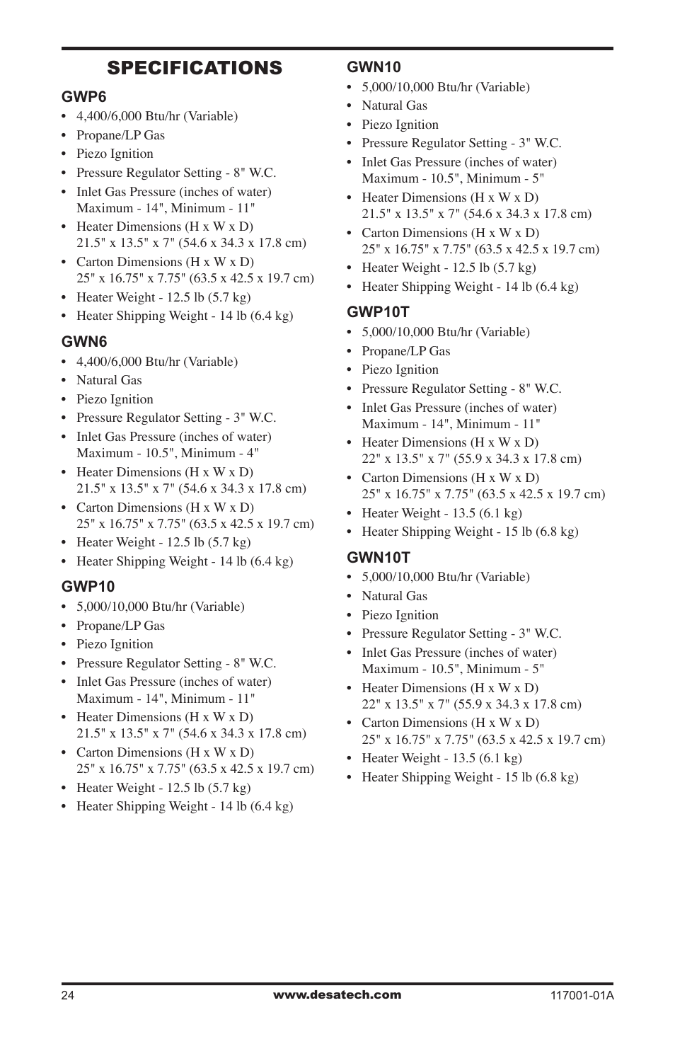 Specifications | Desa GWP6 User Manual | Page 24 / 28