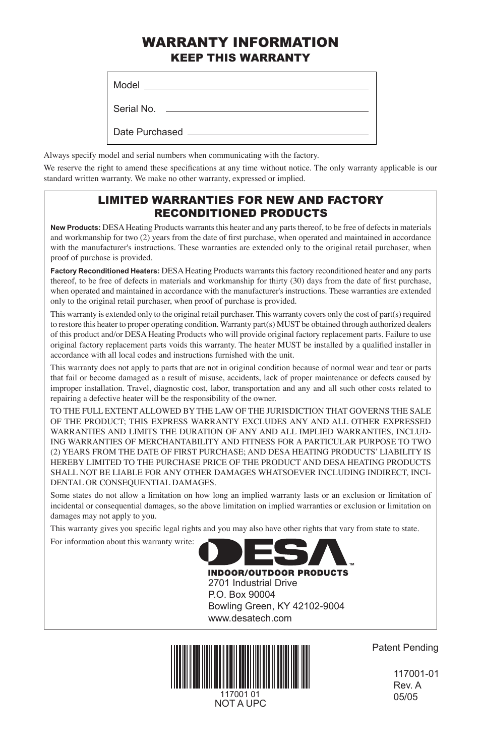 Warranty information, Keep this warranty | Desa GWP6 User Manual | Page 28 / 28