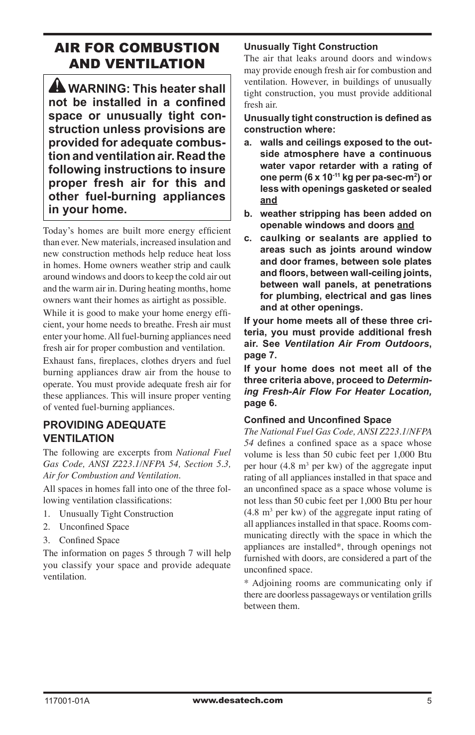 Air for combustion and ventilation | Desa GWP6 User Manual | Page 5 / 28