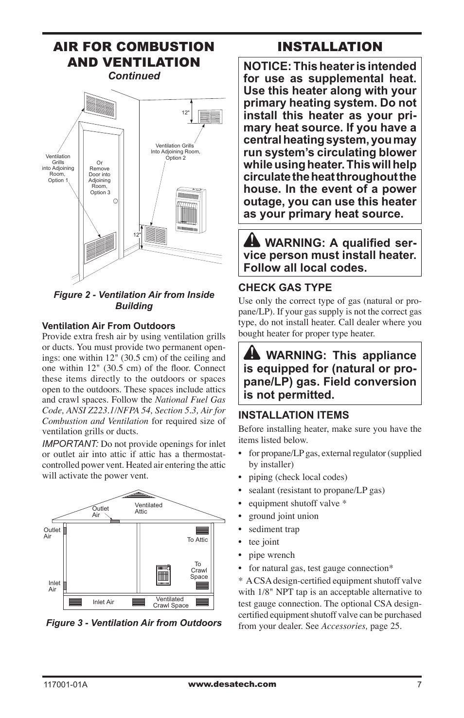 Installation, Air for combustion and ventilation | Desa GWP6 User Manual | Page 7 / 28