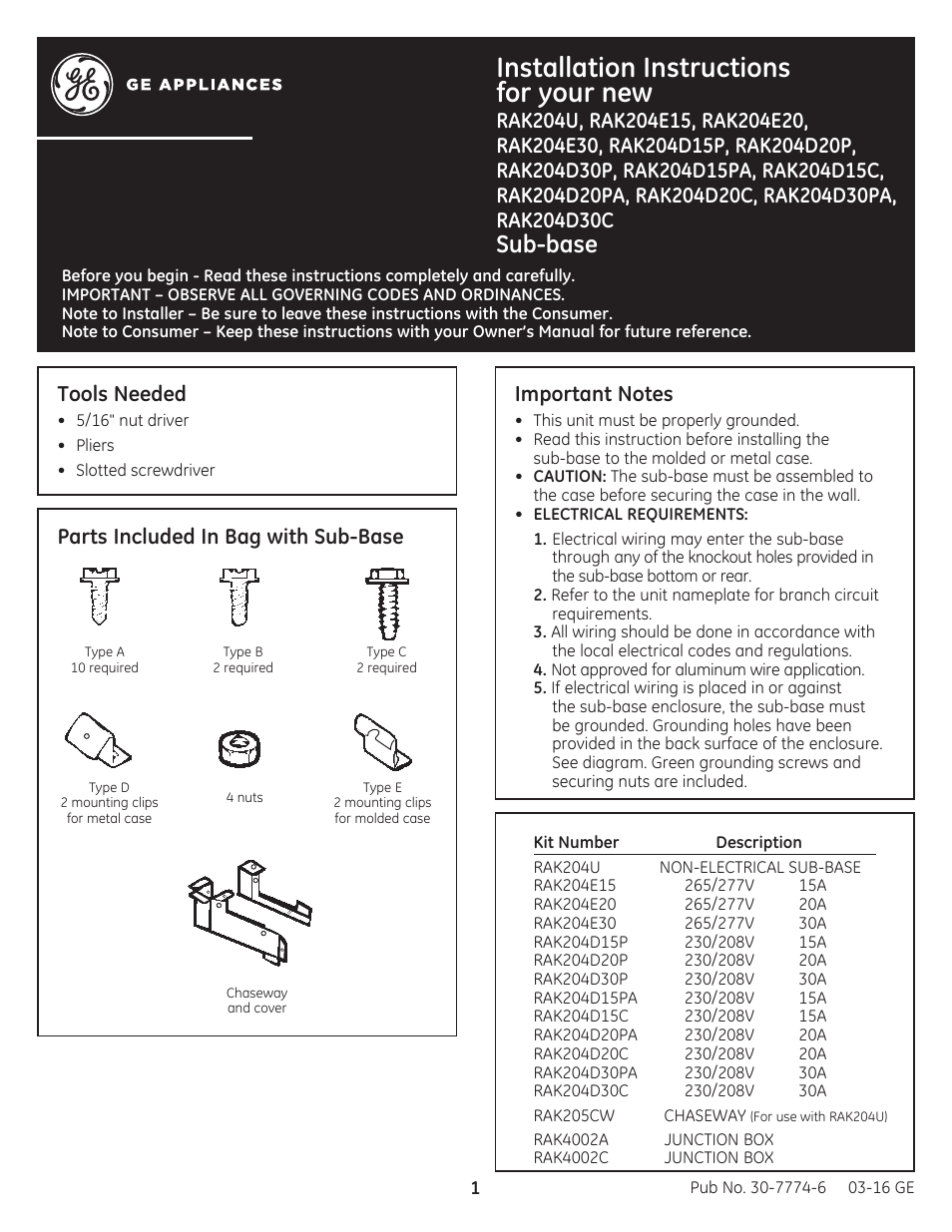 GE Zoneline Standard Sub-Base 230/208V 15 Amp Power Cord Included Installation Instructions User Manual | 8 pages