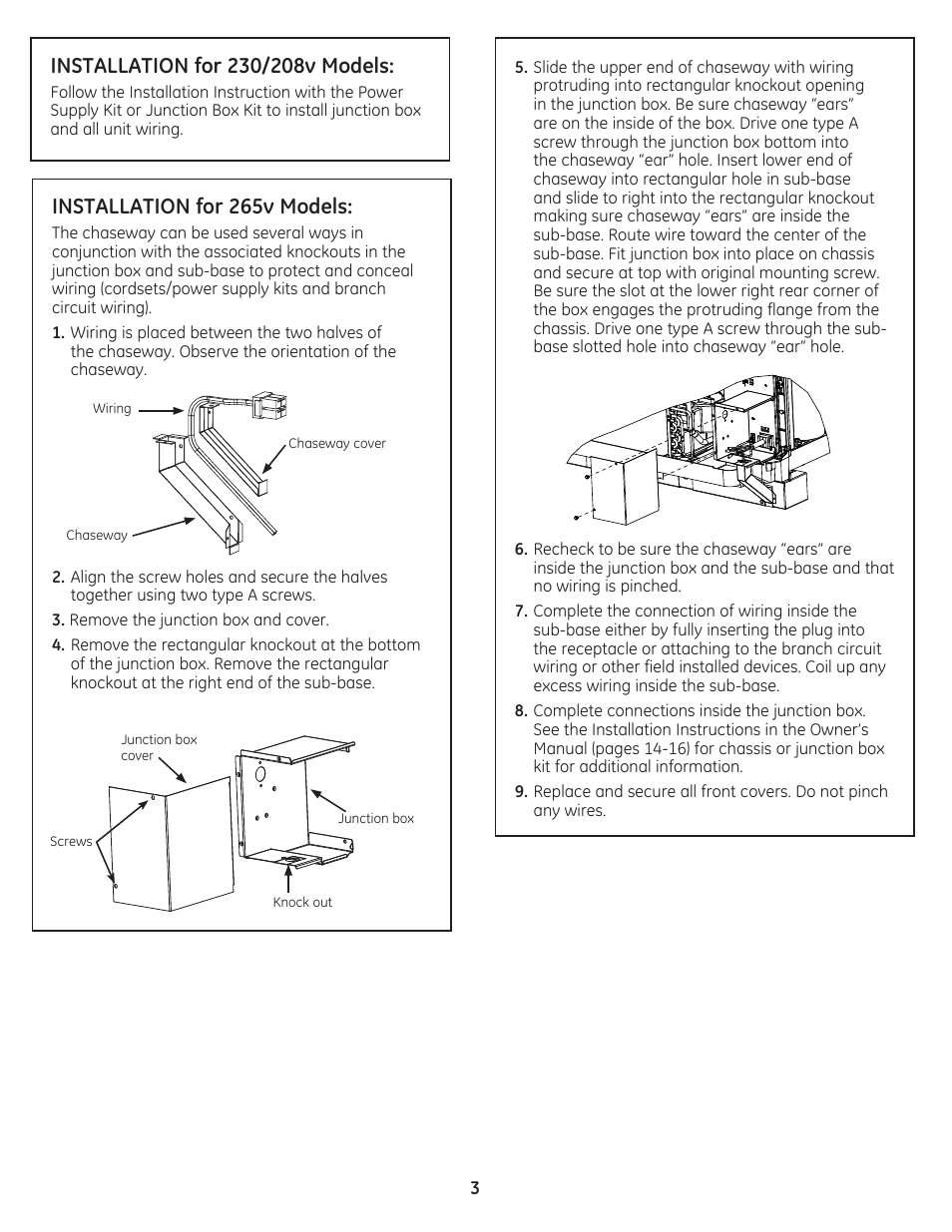 Installation for 265v models | GE Zoneline Standard Sub-Base 230/208V 15 Amp Power Cord Included Installation Instructions User Manual | Page 3 / 8
