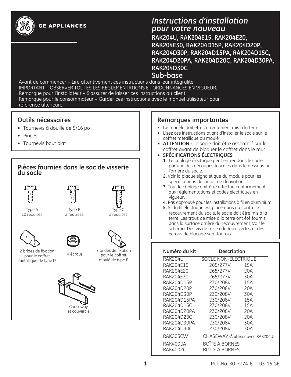 Instructions d’installation pour votre nouveau, Sub-base, Outils nécessaires | Remarques importantes, Pièces fournies dans le sac de visserie du socle | GE Zoneline Standard Sub-Base 230/208V 15 Amp Power Cord Included Installation Instructions User Manual | Page 5 / 8