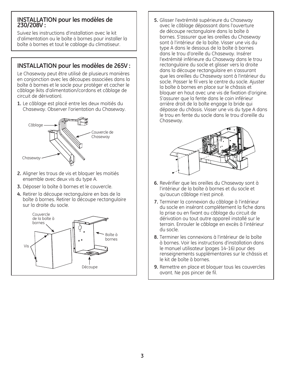 Installation pour les modèles de 265v | GE Zoneline Standard Sub-Base 230/208V 15 Amp Power Cord Included Installation Instructions User Manual | Page 7 / 8