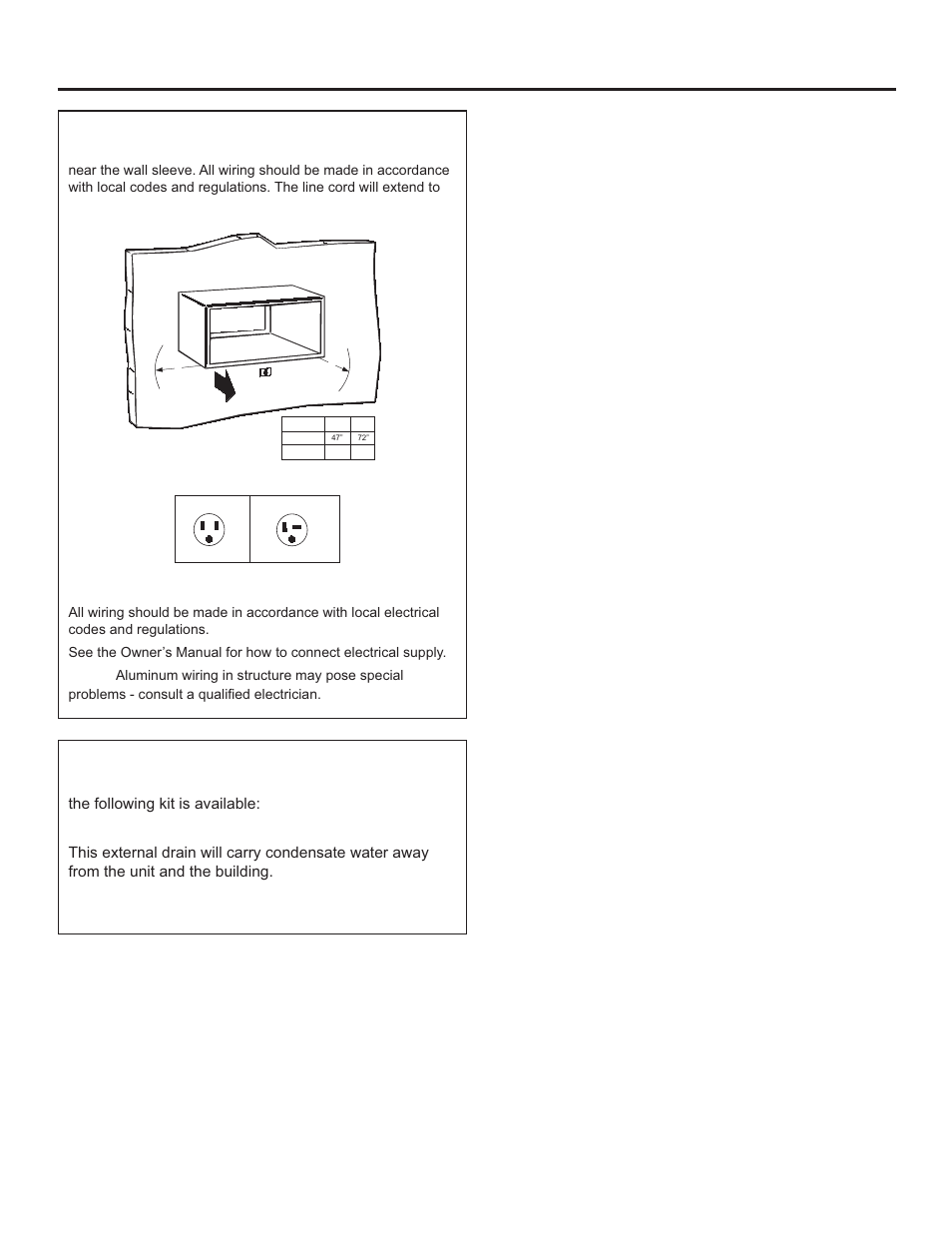 Installation instructions, Drain kit (optional) | GE Room Air Conditioner Quick Snap Wall Sleeve Installation Guide User Manual | Page 5 / 10