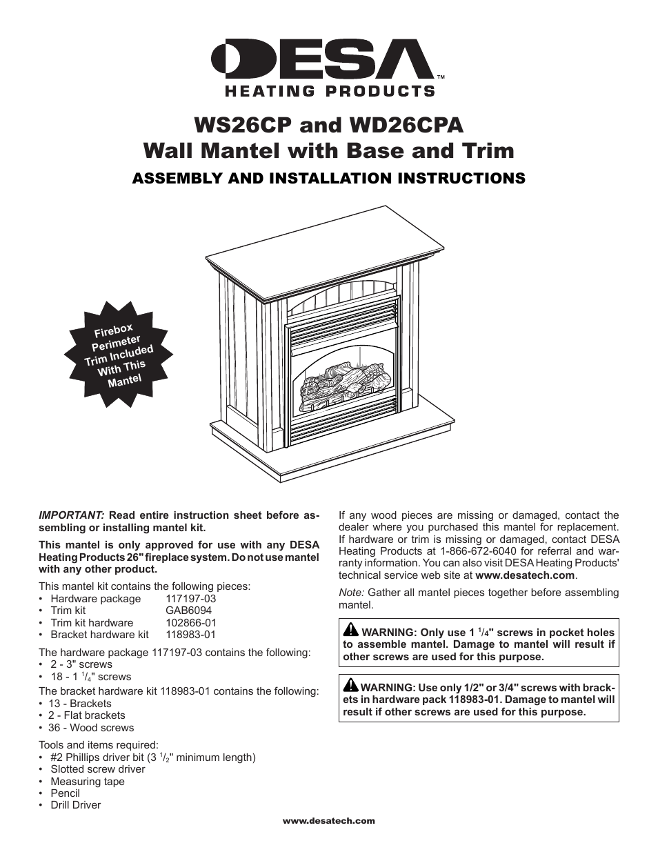 Desa Wall Mantel with Base and Trim WS26CP User Manual | 4 pages