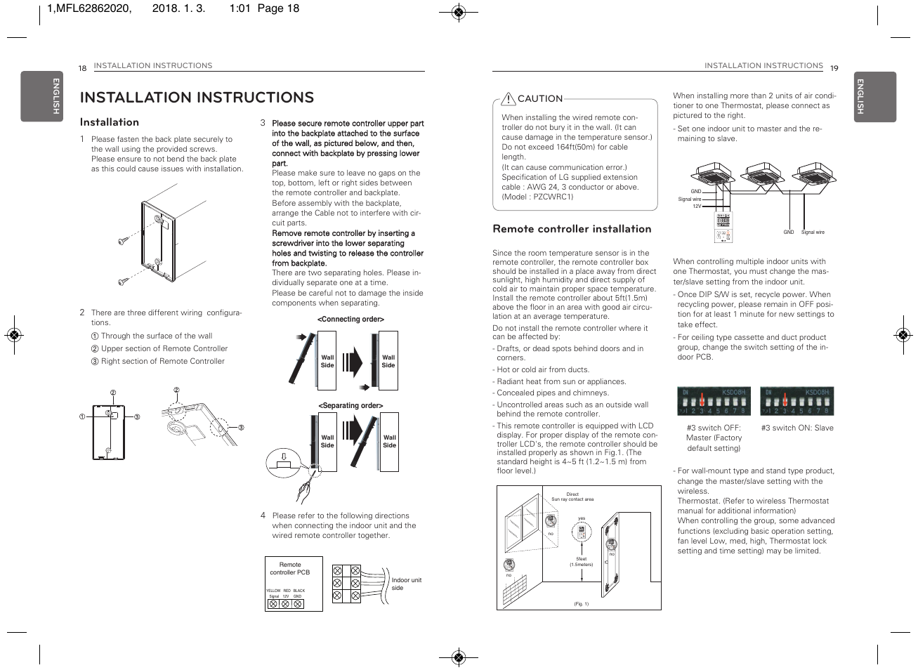 Installation instructions, Installation, Remote controller installation | Caution | LG Simple Remote Controller Thermostat Use and Care Guide User Manual | Page 10 / 34