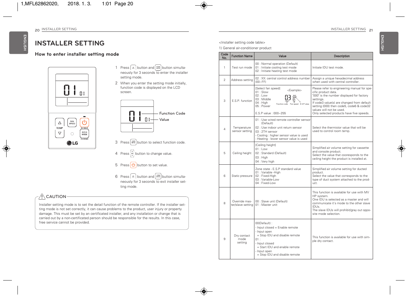 Installer setting, How to enter installer setting mode, Caution | LG Simple Remote Controller Thermostat Use and Care Guide User Manual | Page 11 / 34