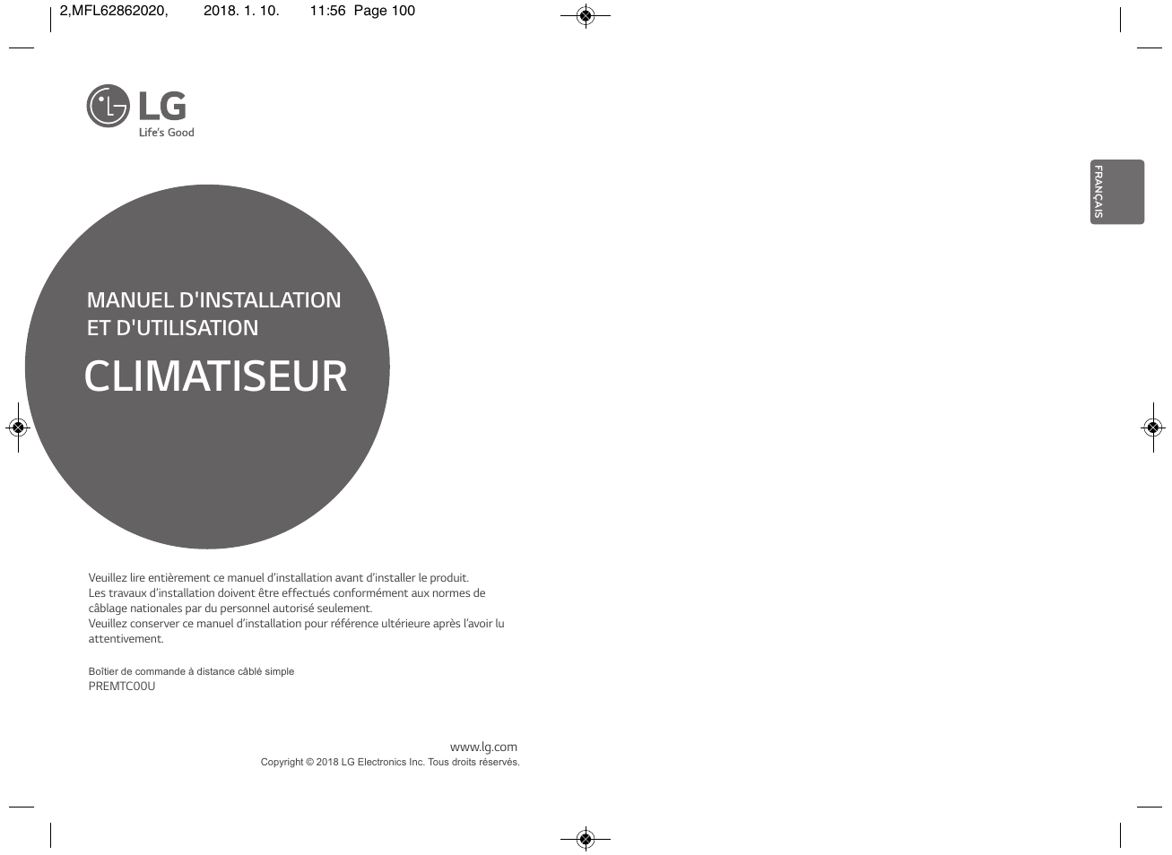 Climatiseur, Manuel d'installation et d'utilisation | LG Simple Remote Controller Thermostat Use and Care Guide User Manual | Page 18 / 34