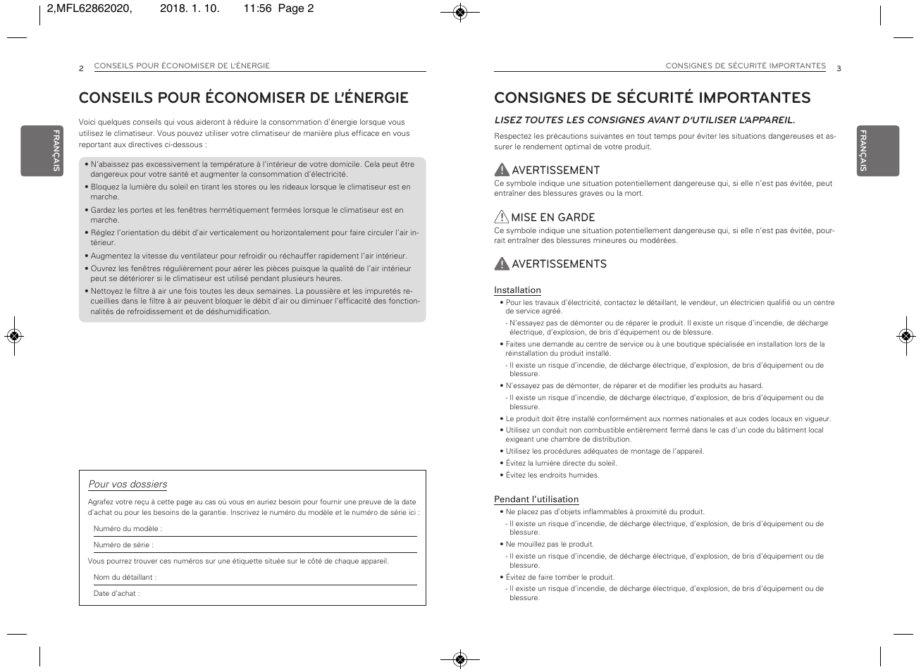 Avertissement, Mise en garde, Avertissements | LG Simple Remote Controller Thermostat Use and Care Guide User Manual | Page 19 / 34