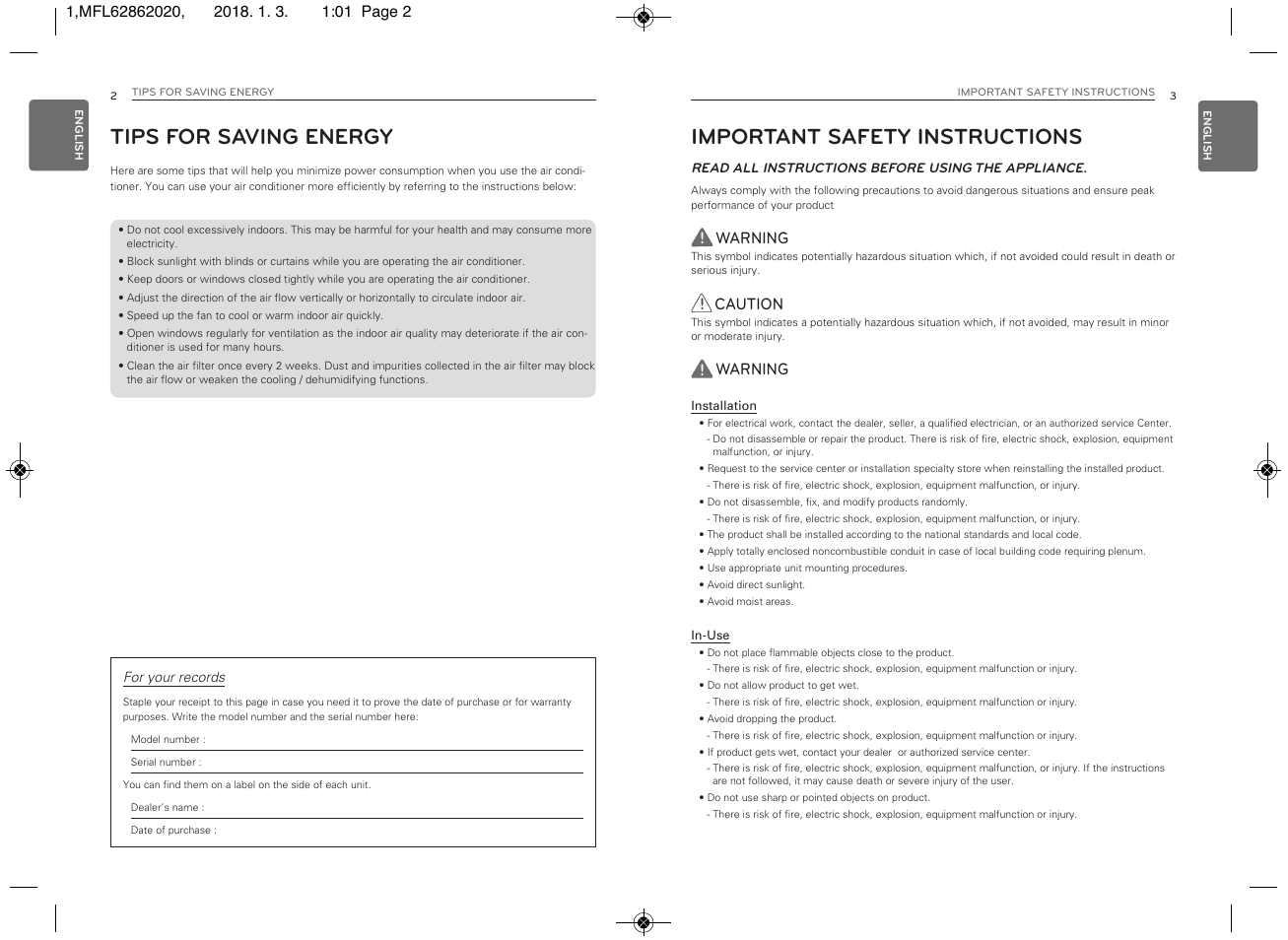 Warning, Caution | LG Simple Remote Controller Thermostat Use and Care Guide User Manual | Page 2 / 34