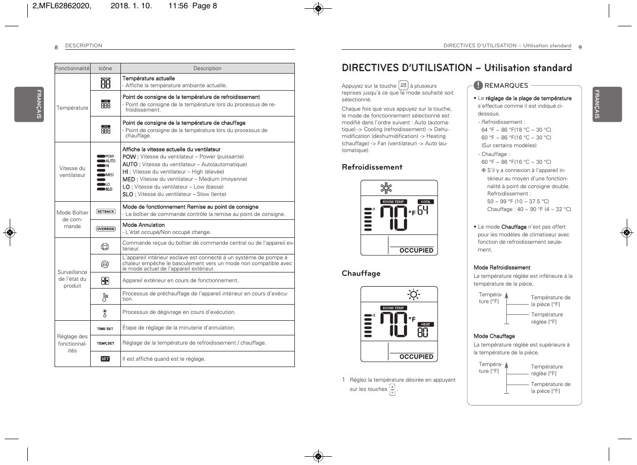 Directives d’utilisation – utilisation standard, Chauffage refroidissement | LG Simple Remote Controller Thermostat Use and Care Guide User Manual | Page 22 / 34