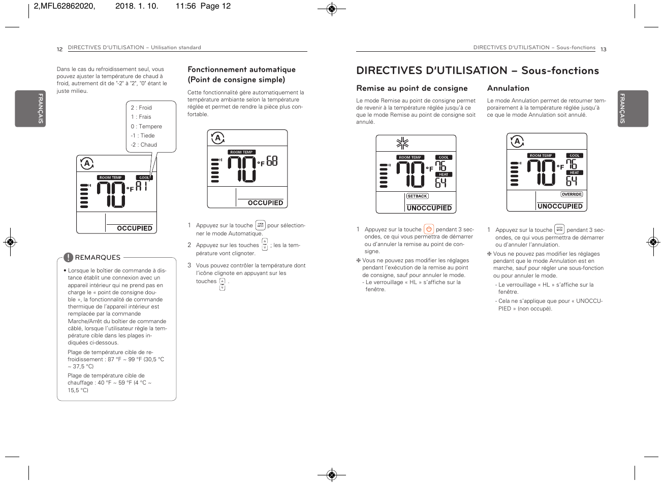 Directives d’utilisation – sous-fonctions, Remise au point de consigne | LG Simple Remote Controller Thermostat Use and Care Guide User Manual | Page 24 / 34