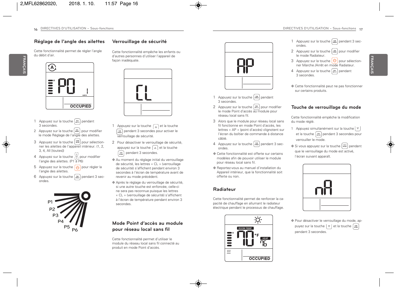 Touche de verrouillage du mode | LG Simple Remote Controller Thermostat Use and Care Guide User Manual | Page 26 / 34