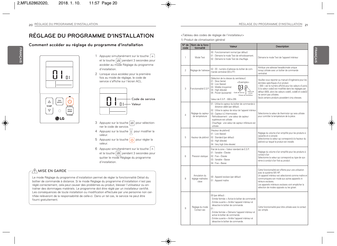 Réglage du programme d’installation, Mise en garde | LG Simple Remote Controller Thermostat Use and Care Guide User Manual | Page 28 / 34