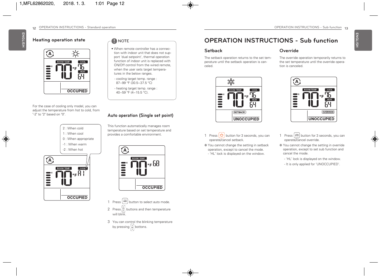 Operation instructions - sub function, Auto operation (single set point), Heating operation state override | Setback | LG Simple Remote Controller Thermostat Use and Care Guide User Manual | Page 7 / 34