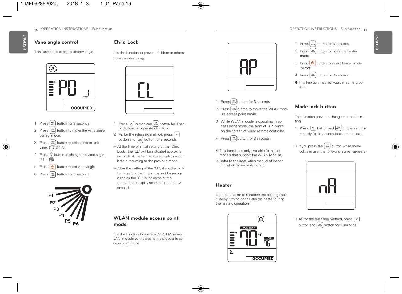 Child lock vane angle control heater, Mode lock button wlan module access point mode | LG Simple Remote Controller Thermostat Use and Care Guide User Manual | Page 9 / 34