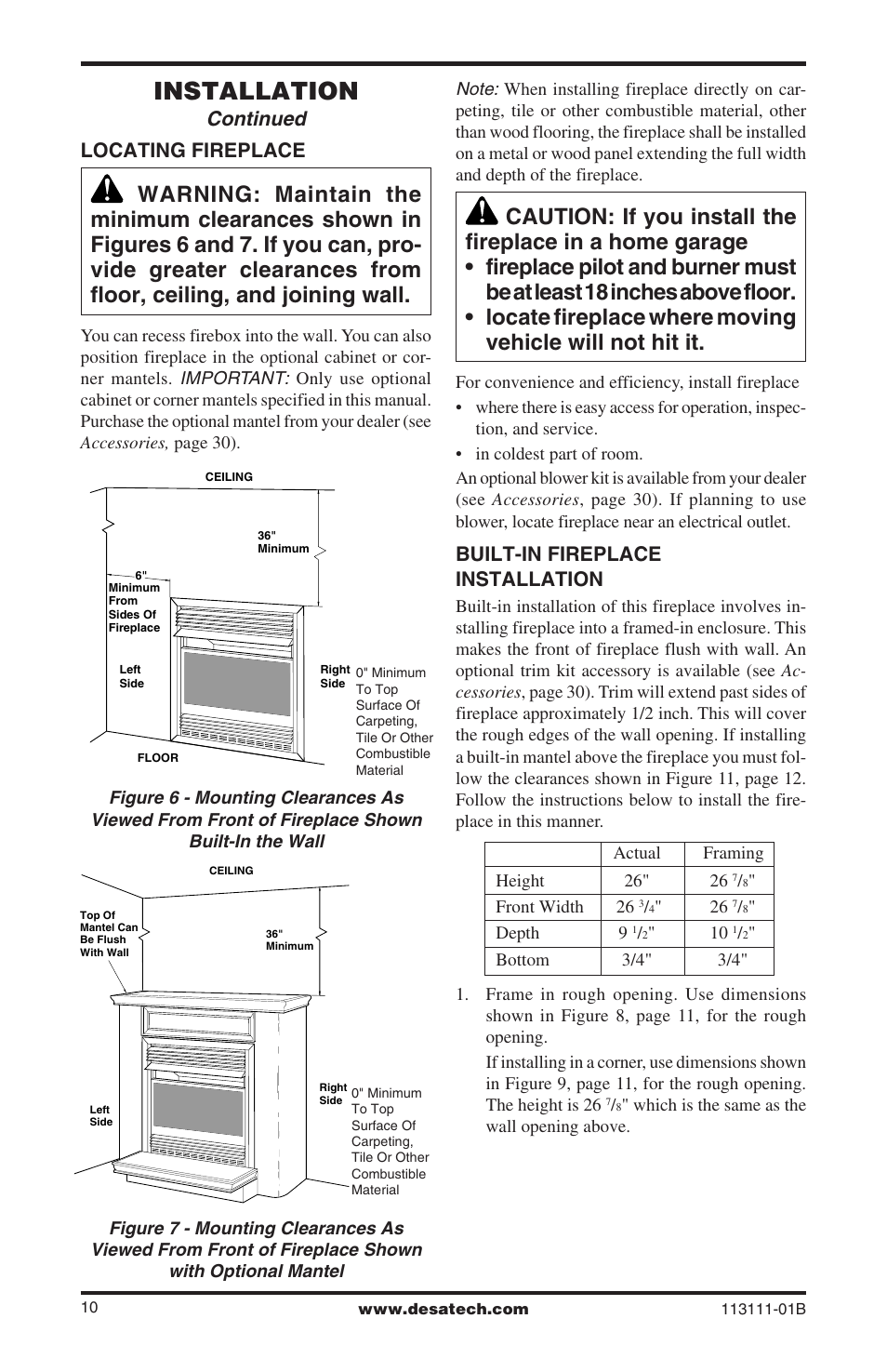 Installation, Continued, Locating fireplace | Built-in fireplace installation | Desa VMH26TNC User Manual | Page 10 / 32
