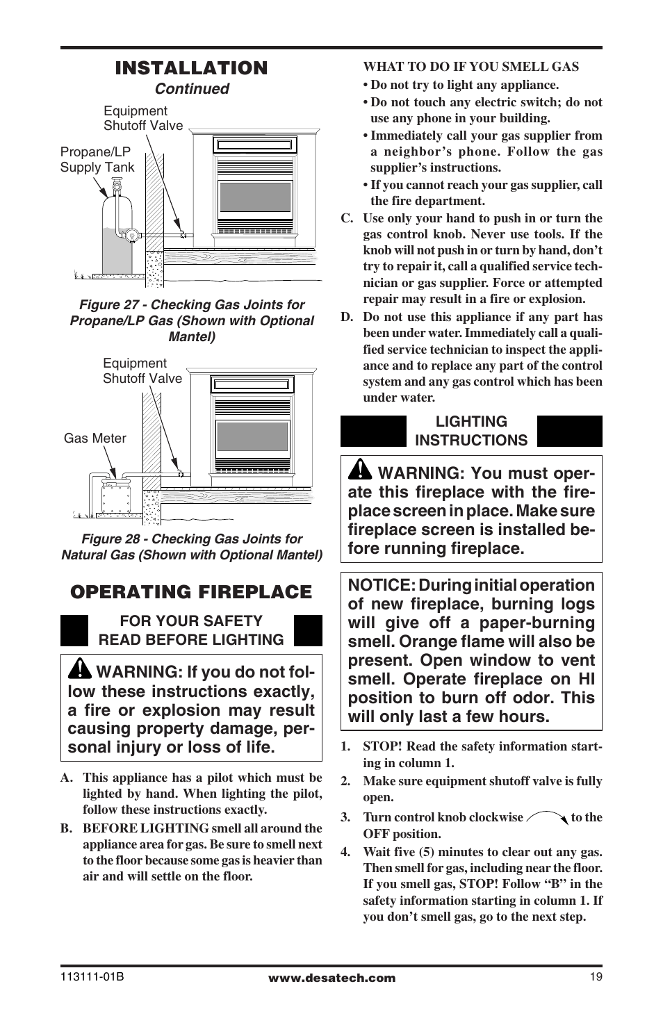 Operating fireplace, Installation | Desa VMH26TNC User Manual | Page 19 / 32