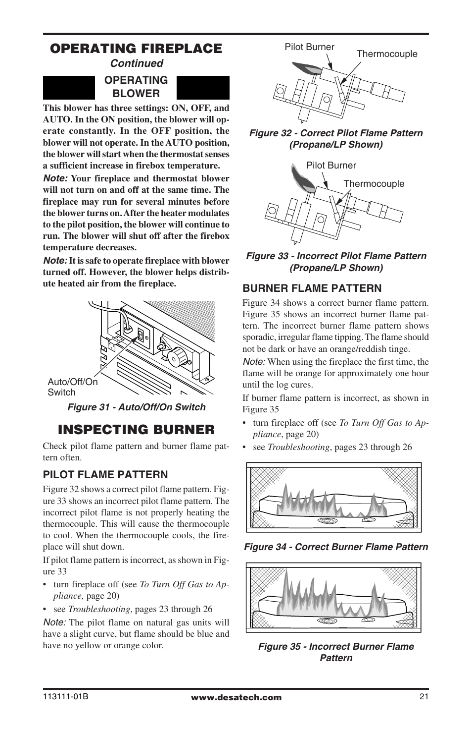 Inspecting burner, Operating fireplace, Continued | Desa VMH26TNC User Manual | Page 21 / 32