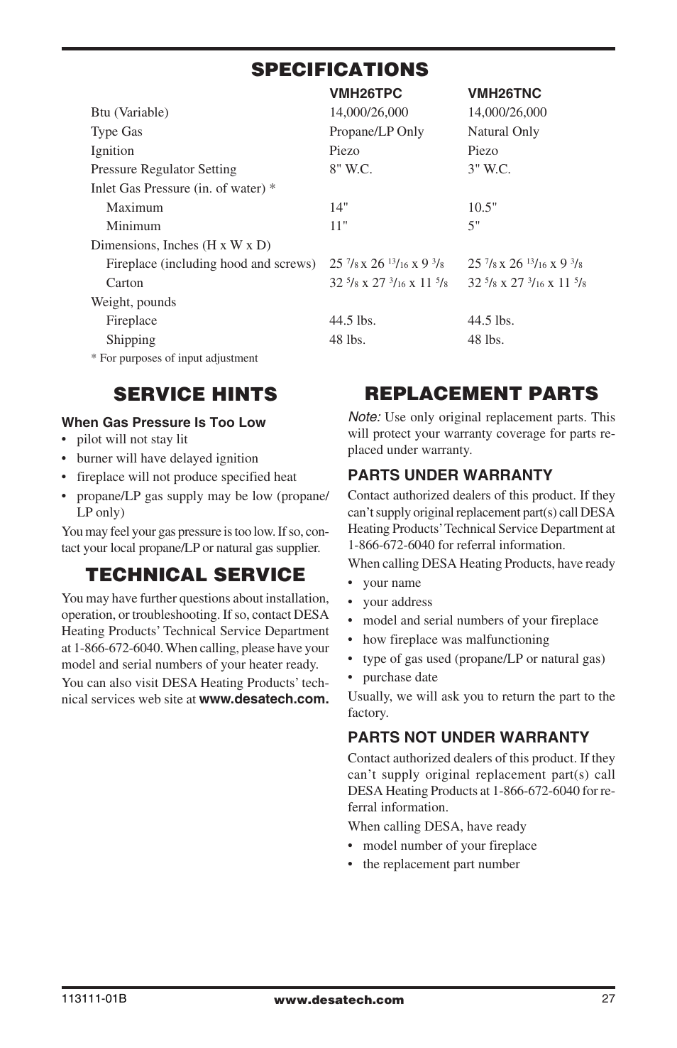 Specifications, Service hints, Technical service | Replacement parts, Parts under warranty, Parts not under warranty | Desa VMH26TNC User Manual | Page 27 / 32