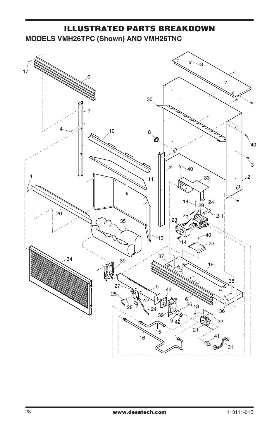 Illustrated parts breakdown and parts list, Illustrated parts breakdown, Models vmh26tpc (shown) and vmh26tnc | Desa VMH26TNC User Manual | Page 28 / 32