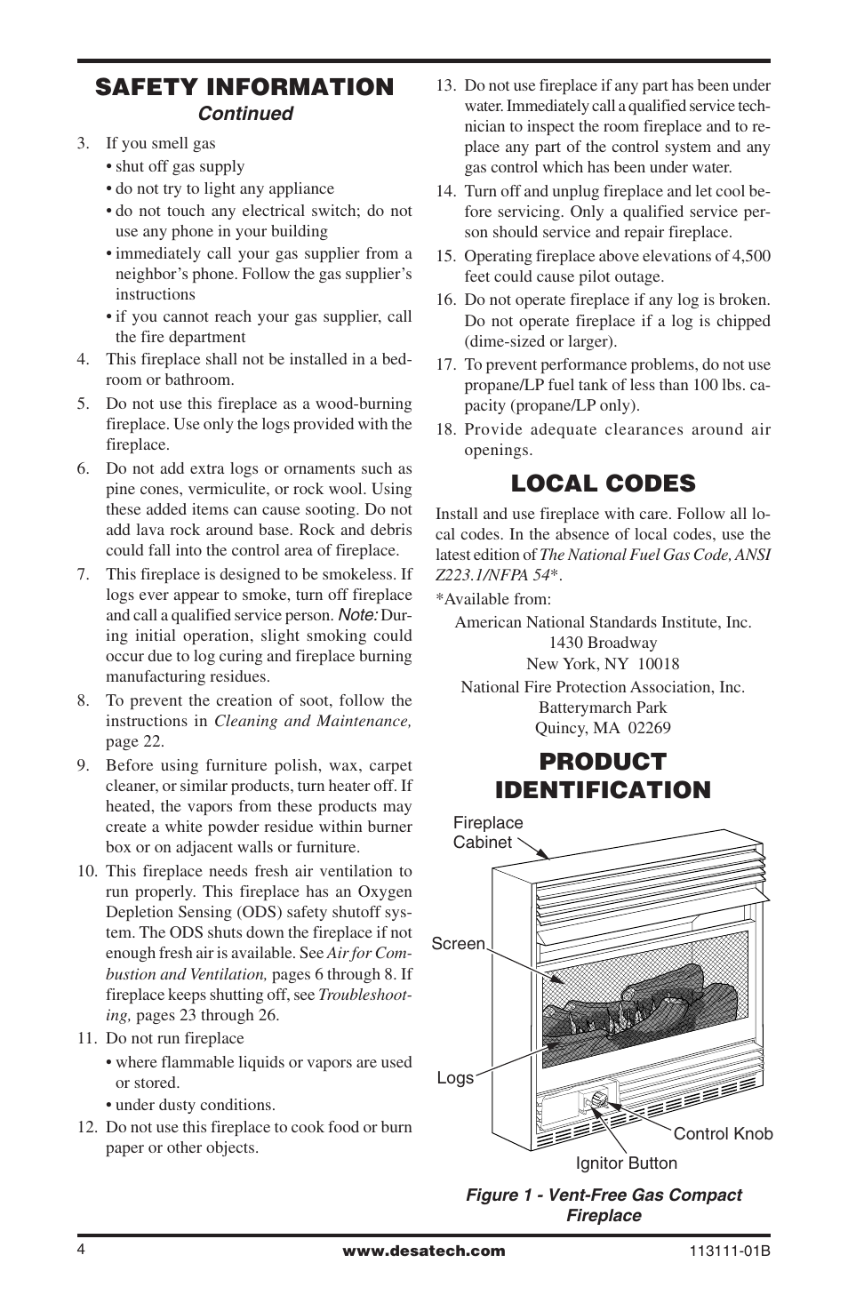 Local codes, Product identification, Safety information | Desa VMH26TNC User Manual | Page 4 / 32