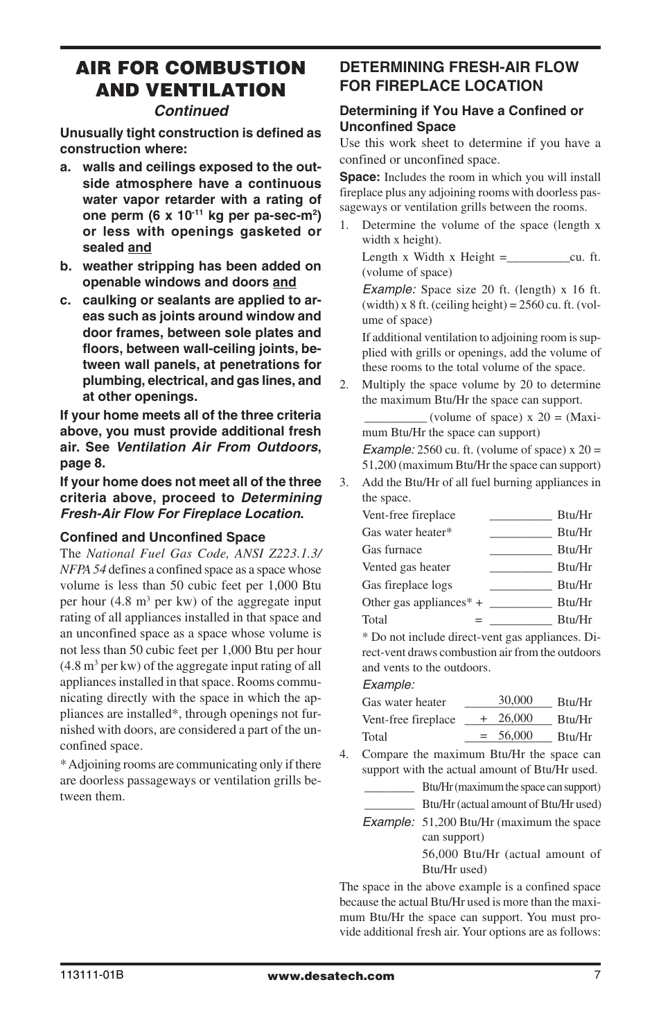 Air for combustion and ventilation, Continued | Desa VMH26TNC User Manual | Page 7 / 32