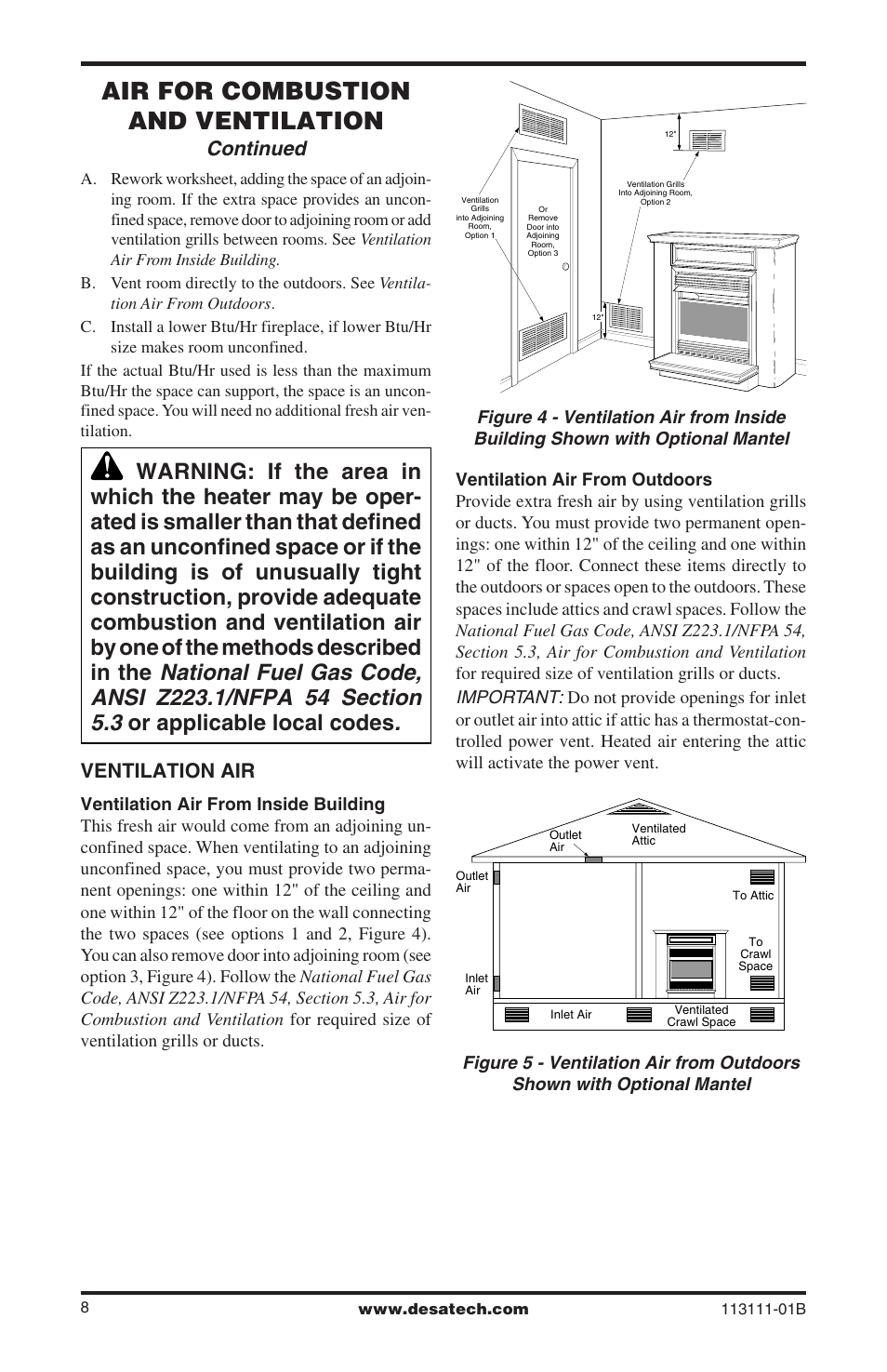Air for combustion and ventilation, Continued, Ventilation air | Desa VMH26TNC User Manual | Page 8 / 32