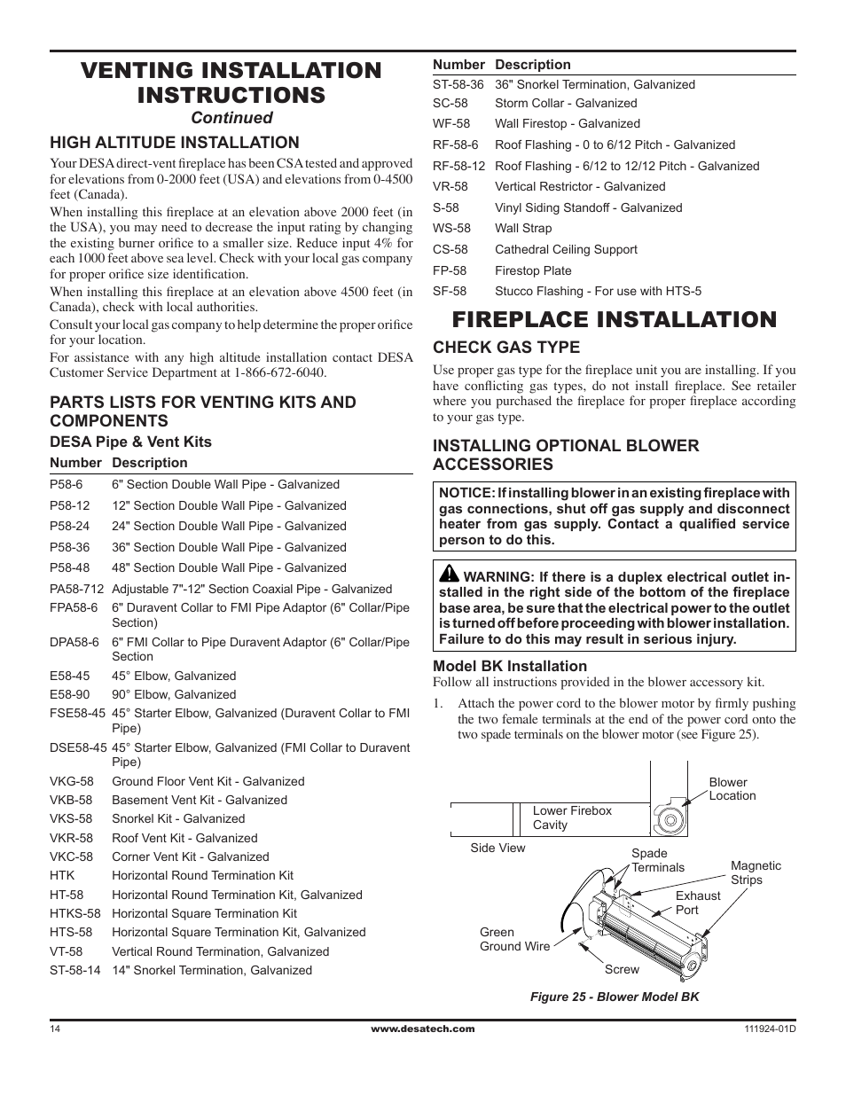 Fireplace installation, Venting installation instructions | Desa (V)K36EN SERIES User Manual | Page 14 / 34