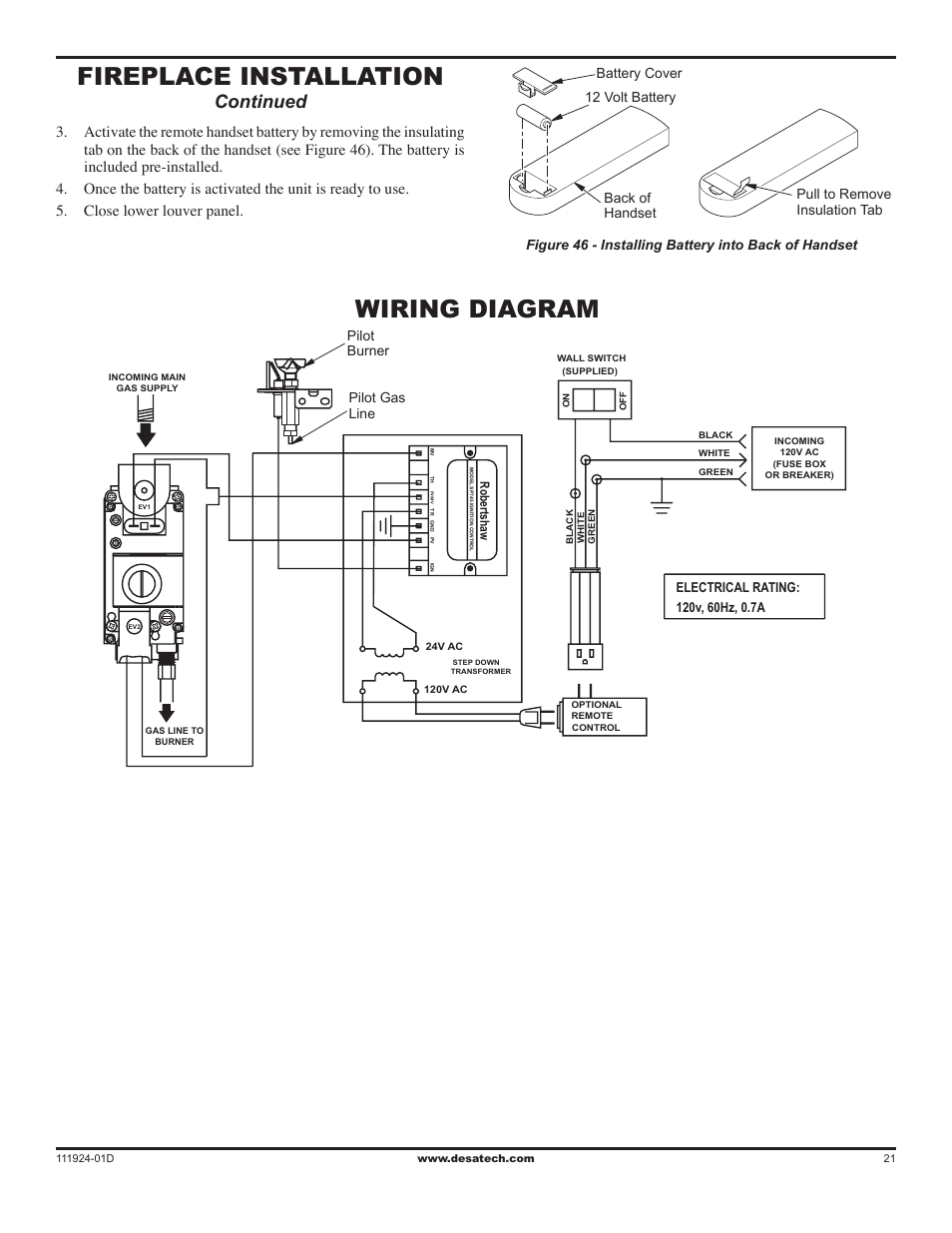 Wiring diagram, Fireplace installation, Continued | Pilot gas line pilot burner | Desa (V)K36EN SERIES User Manual | Page 21 / 34