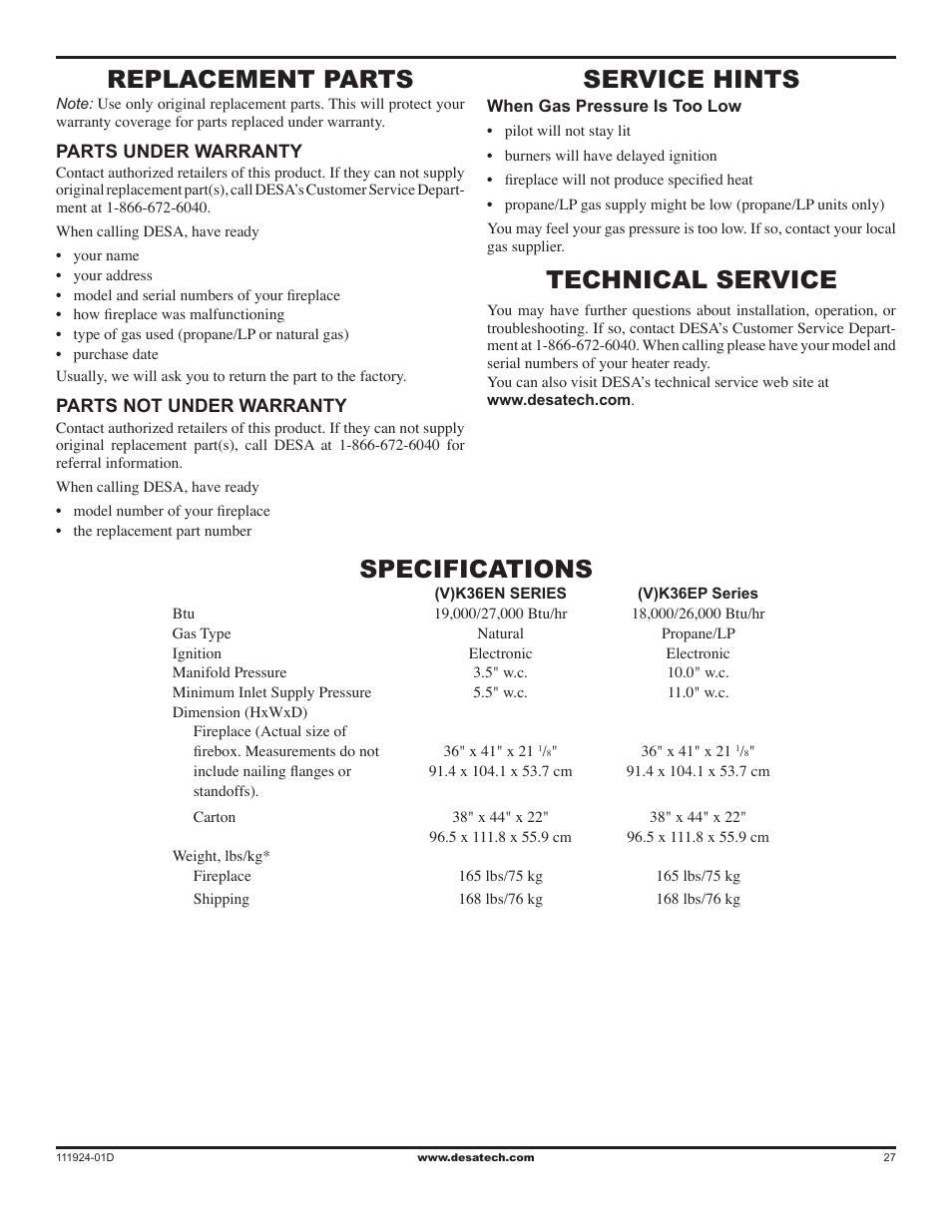 Replacement parts, Service hints, Technical service | Specifications | Desa (V)K36EN SERIES User Manual | Page 27 / 34