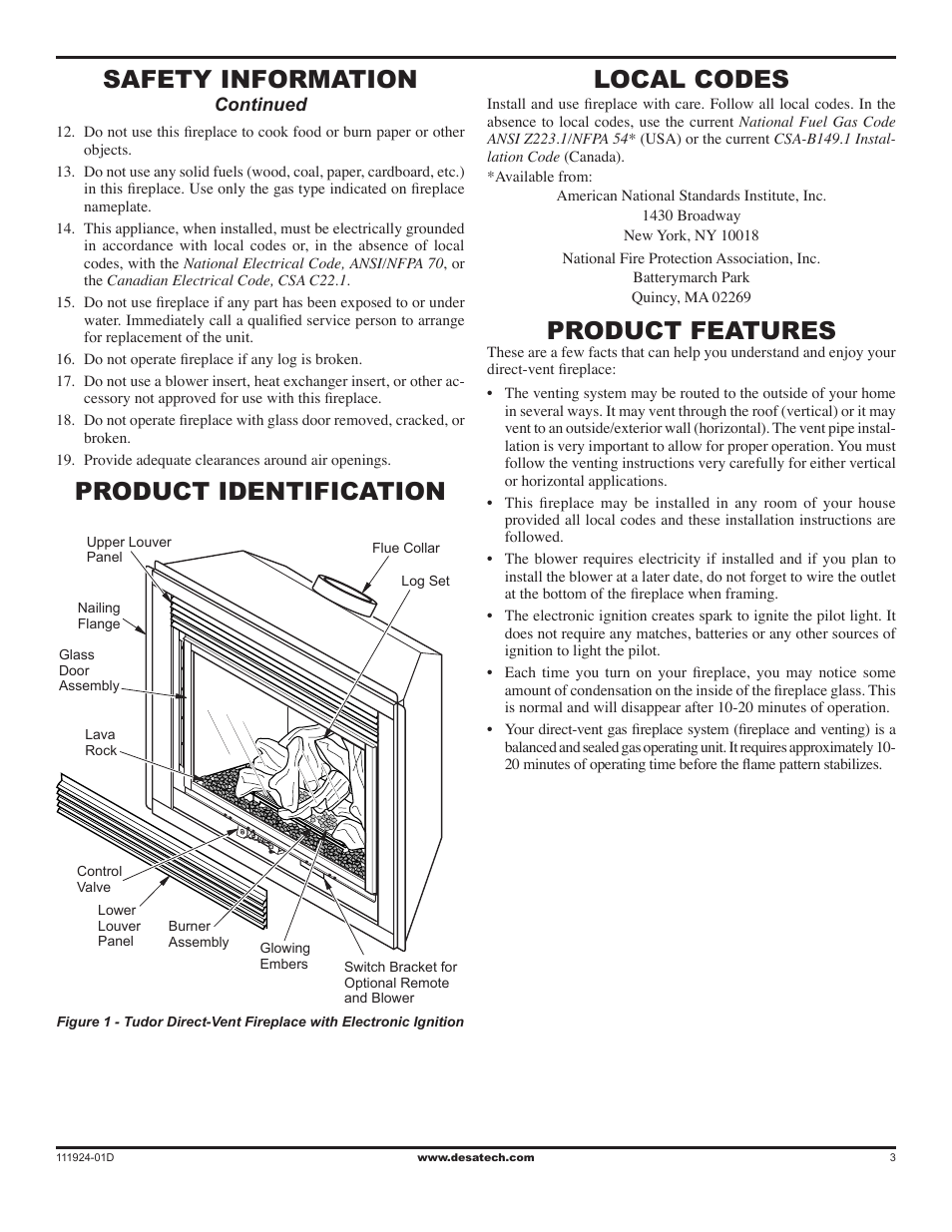 Product identification, Local codes, Product features | Product identification safety information | Desa (V)K36EN SERIES User Manual | Page 3 / 34