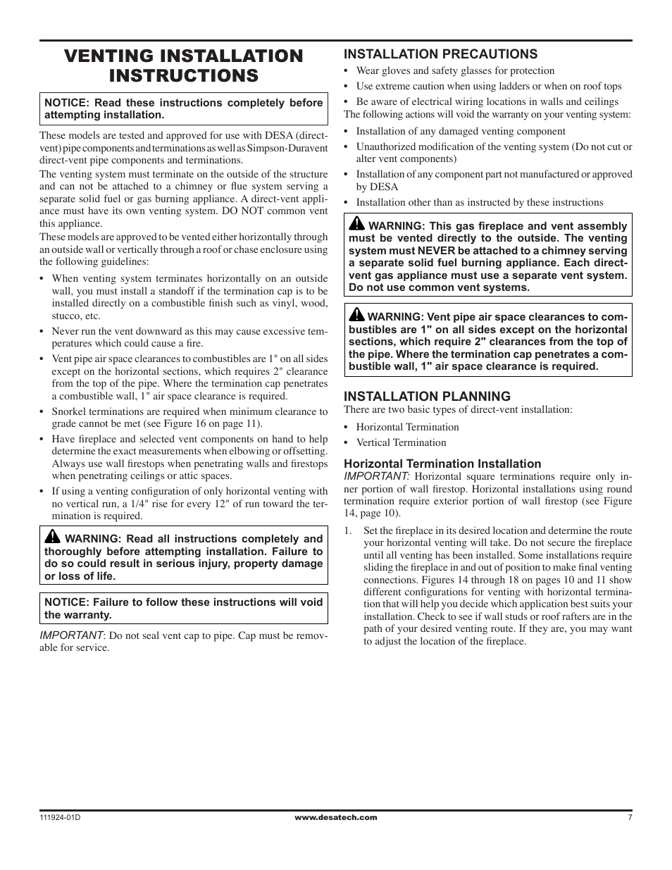 Venting installation instructions | Desa (V)K36EN SERIES User Manual | Page 7 / 34