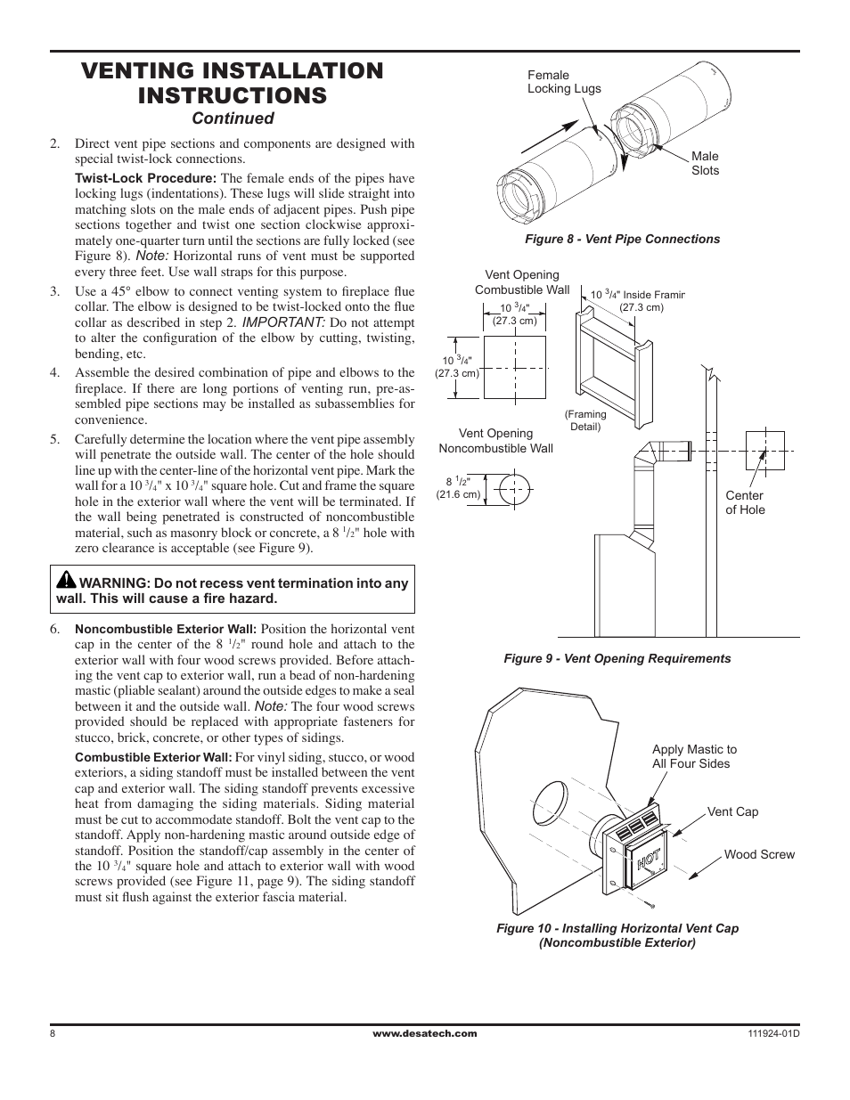 Venting installation instructions, Continued | Desa (V)K36EN SERIES User Manual | Page 8 / 34