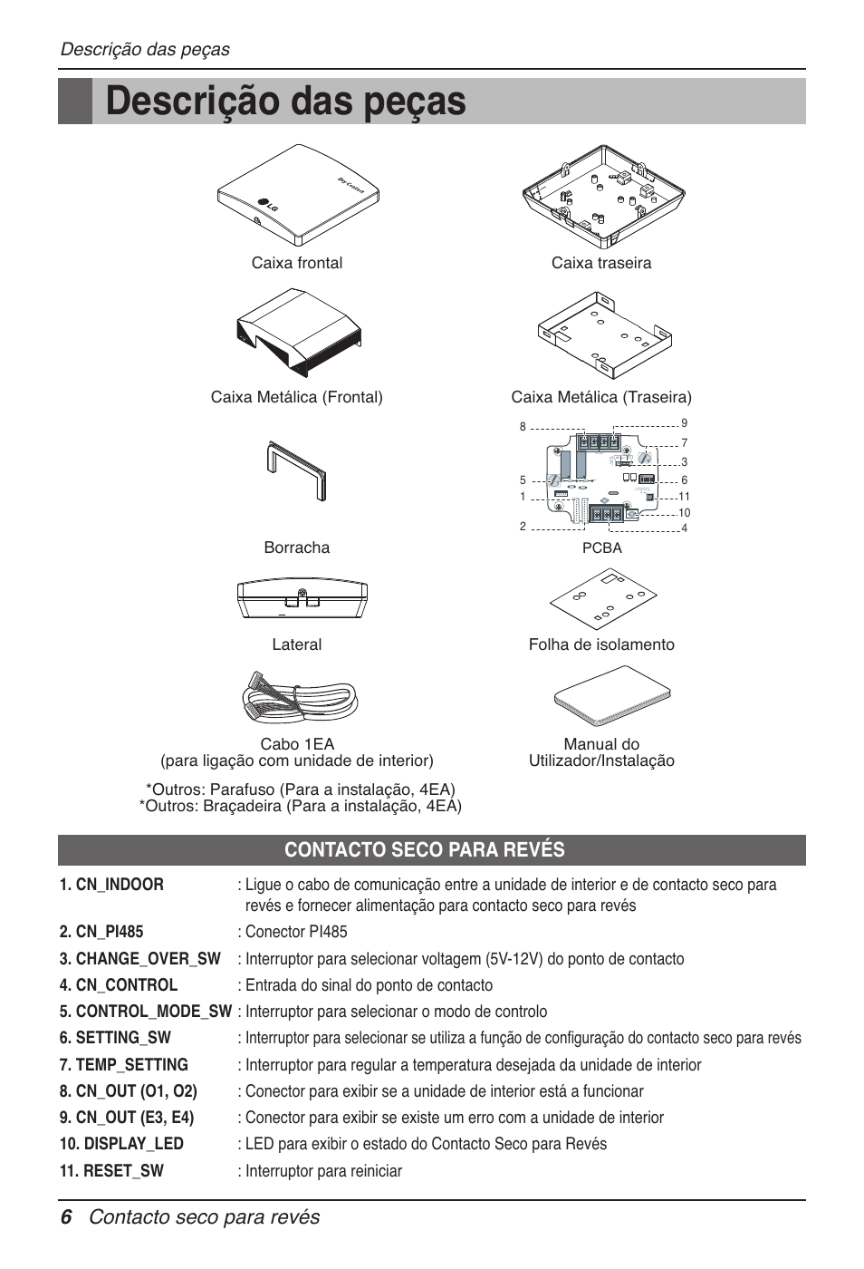 6contacto seco para revés, Contacto seco para revés, Descrição das peças | LG Dry Contact Module - 2 Contact Points 5V & 12V from Indoor PCB Installation User Manual | Page 102 / 128