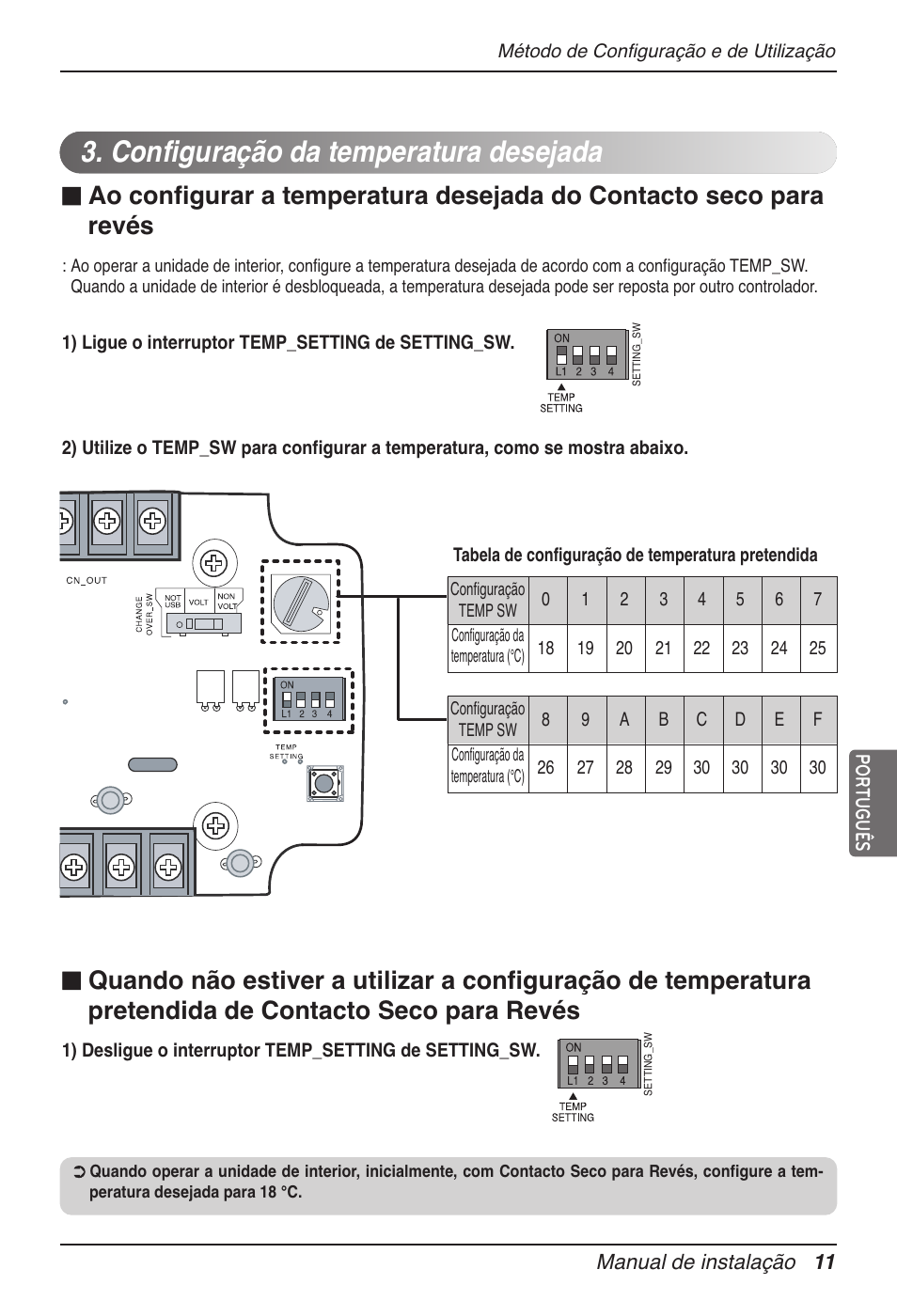 Configuração da temperatura desejada | LG Dry Contact Module - 2 Contact Points 5V & 12V from Indoor PCB Installation User Manual | Page 107 / 128