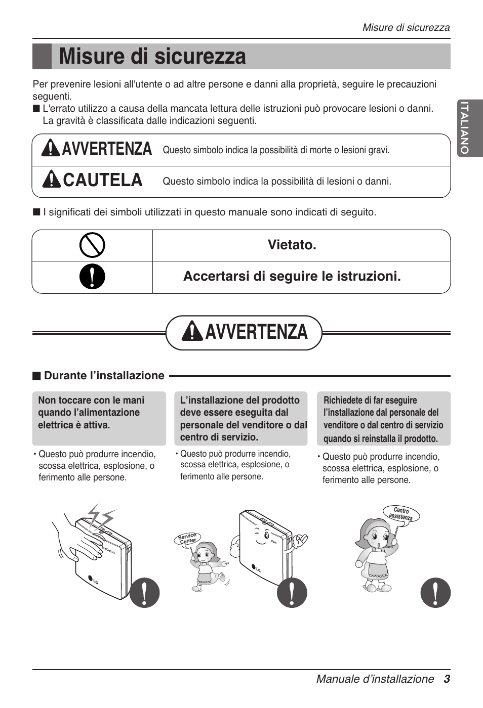 Misure di sicurezza, Avvertenza, Avvertenza cautela | Vietato. accertarsi di seguire le istruzioni | LG Dry Contact Module - 2 Contact Points 5V & 12V from Indoor PCB Installation User Manual | Page 19 / 128