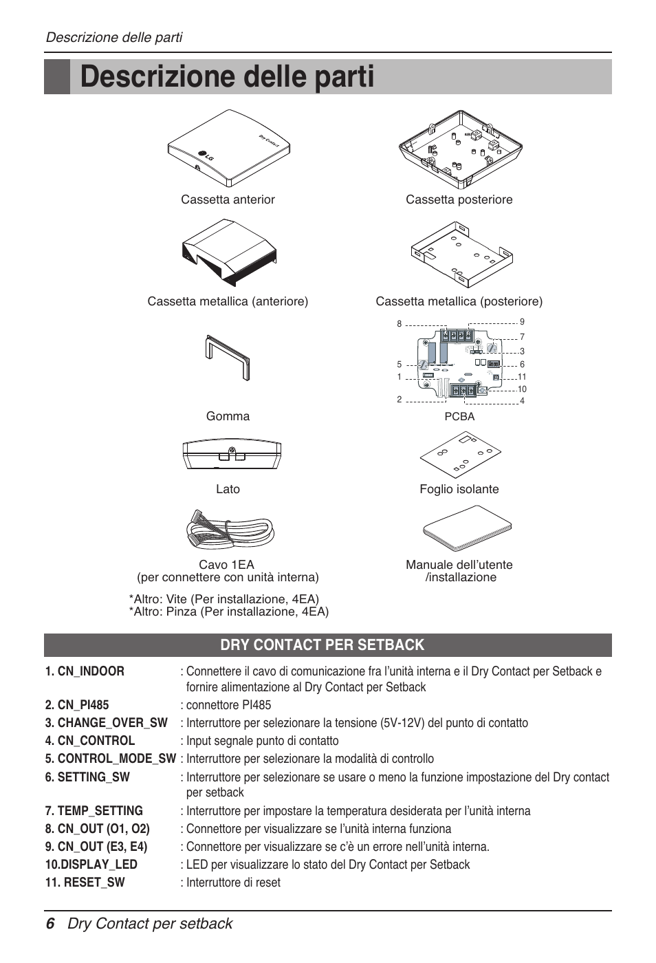 6dry contact per setback, Dry contact per setback, Descrizione delle parti | LG Dry Contact Module - 2 Contact Points 5V & 12V from Indoor PCB Installation User Manual | Page 22 / 128