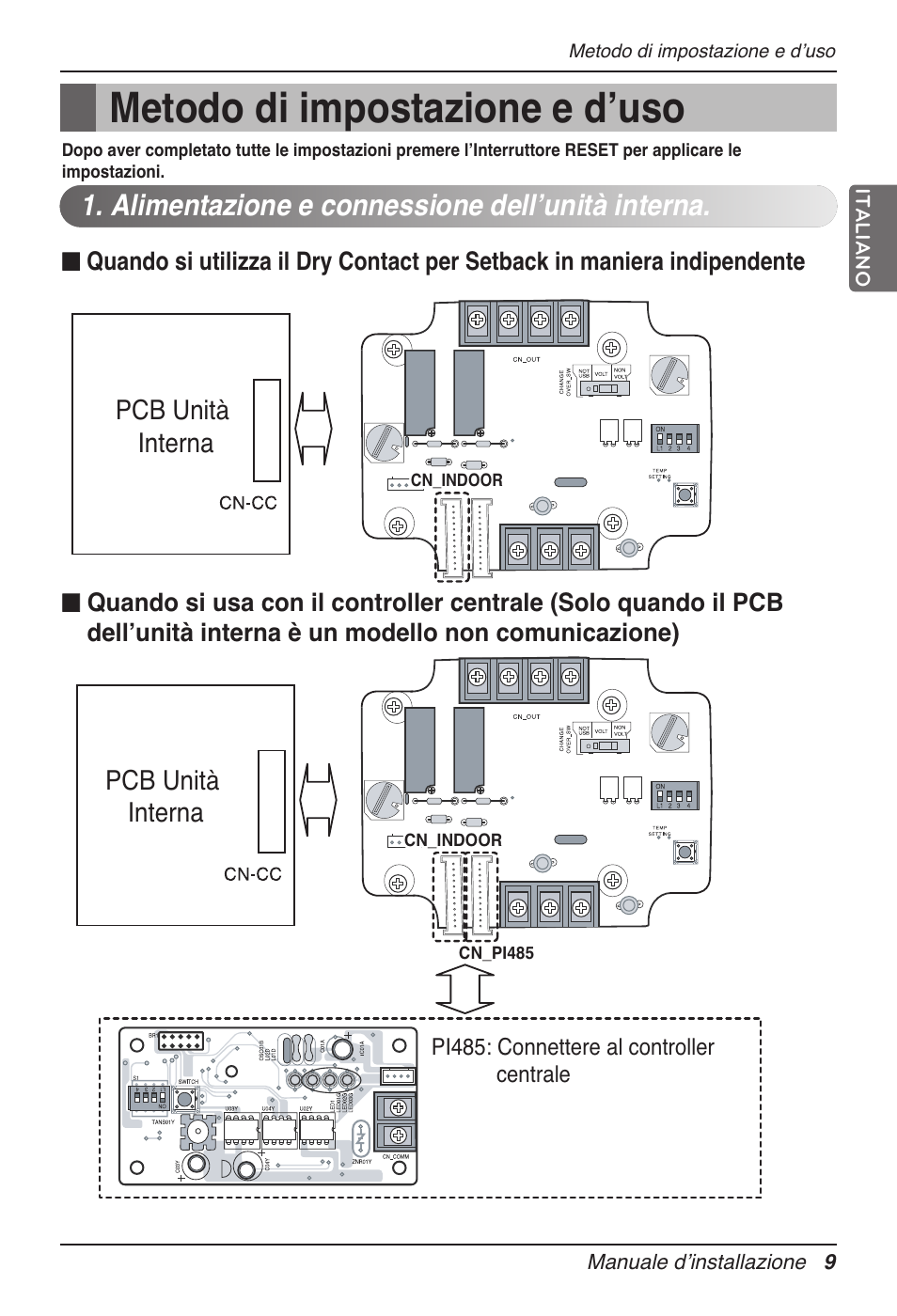 Metodo di impostazione e d’uso, Alimentazione e connessione dell’unità interna, Pcb unità interna pcb unità interna | LG Dry Contact Module - 2 Contact Points 5V & 12V from Indoor PCB Installation User Manual | Page 25 / 128