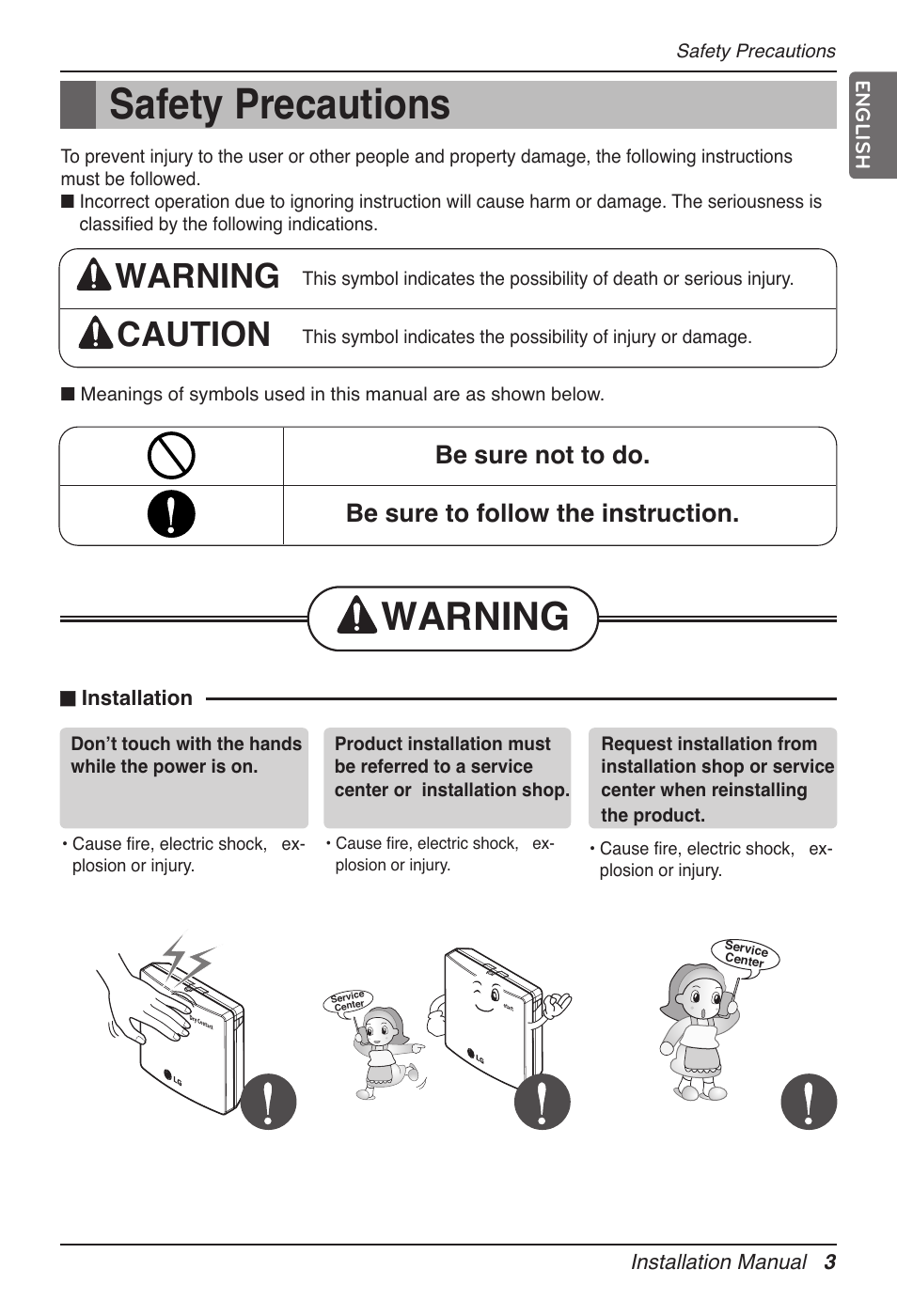 Safety precautions, Warning, Warning caution | LG Dry Contact Module - 2 Contact Points 5V & 12V from Indoor PCB Installation User Manual | Page 3 / 128